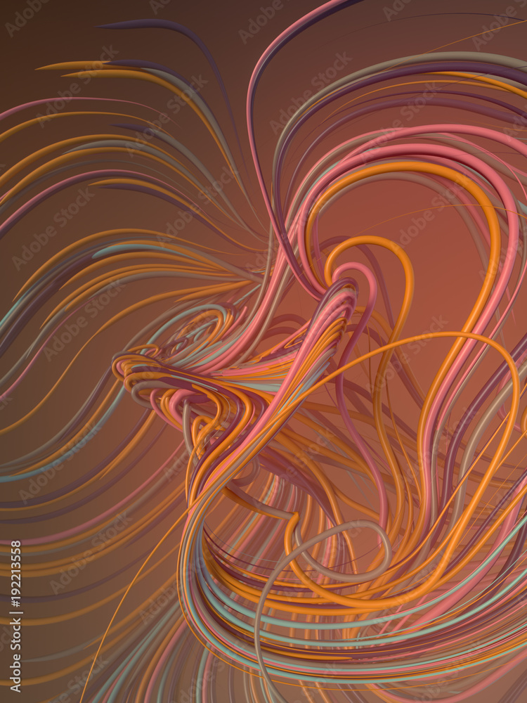 Poster Interlacing abstract red and orange curves. 3D rendering
