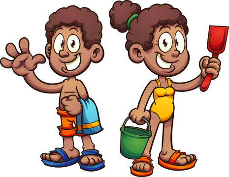 Happy black cartoon kids in swimsuits. Vector clip art illustration with simple gradients. Each on a separate layer. 