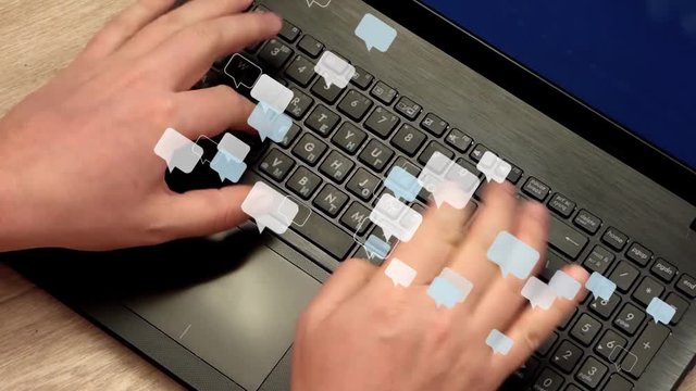 Man hands rapidly typing messages on laptop keyboard. Lot of speech bubbles fly away. Real video with 3d animation.