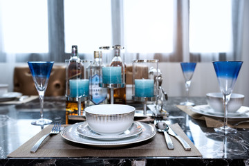 Romantic dinner setting. Formal dinner service at a wedding banquet