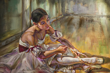 oil painting on canvas of a dancer sitting on the ground. - 192216786