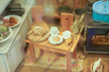 Grandmother's Old Dolls Kitchen with accessories. Toys for girls from the 40s or 50s.