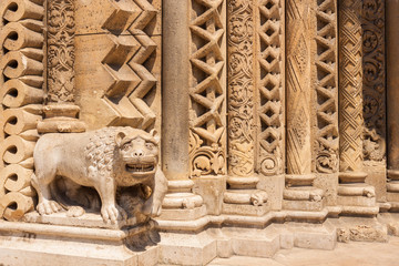 Statue of lion on the portal of Jak chapel, Budapest, Hungary. The portal is the exact  architectural  replica of the Portal of the Church of Jak village ( western Hungary). © slowcentury