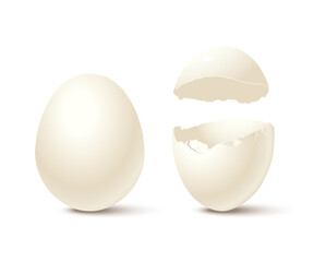 Egg and broken empty eggshell isolated on white background. Vector realistic design element. - obrazy, fototapety, plakaty