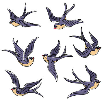 Set of flying swallows. Free birds. Symbol of hope, luck, early return home