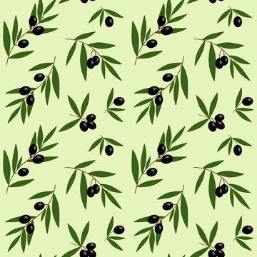 black olives branches with green leaves oil pattern on light green background seamless vector