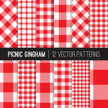 Red and White Picnic Tablecloth Style Gingham and Checks Vector Patterns. Backgrounds for Restaurant Menus or Food Packaging. Pixel Pattern Swatches Included.