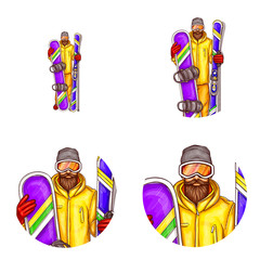 Vector set of male round avatars for users of social networks, blogs, profile icons in pop art style. Young bearded active man, in snowboarding outfit, in glasses holds snowboard and mountain skis