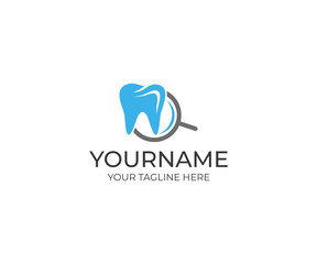 Fototapeta premium Tooth and magnifier logo template. Search dental clinic vector design. Healthy teeth illustration