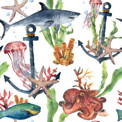 Naklejka premium Watercolor seamless pattern with shark, anchor and sea animals. Hand painted plumeria, octopus, jellyfish, parrotfish, starfish and coral reef. Nautical illustration for design, print or background.