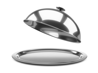 Empty restaurant cloche with open lid.