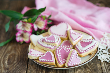 Fototapeta na wymiar pink Valentine's heart shaped cookies