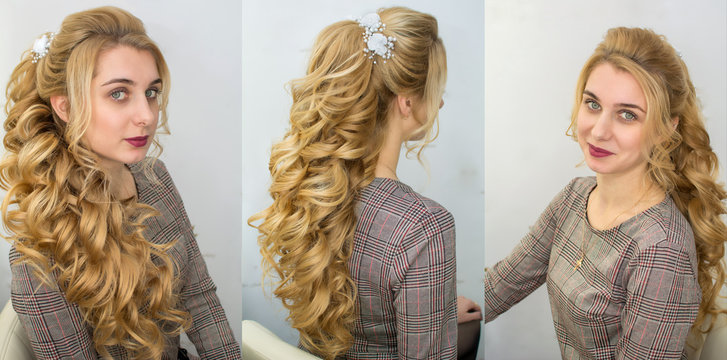 Portrait Of A Beautiful Young Blonde Girl With A Delightful Evening Hairstyle