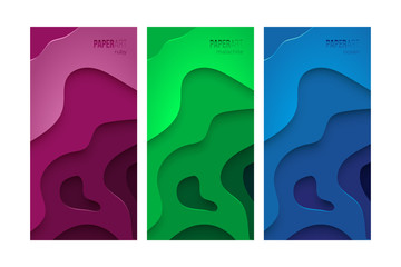 Vector paper art background set. Violet, green and blue templates for your design.