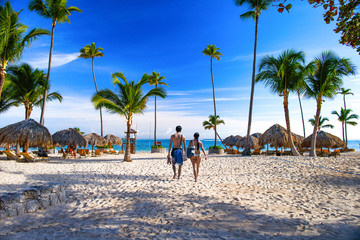 Sunny beach, white sand. Dominican Republic, Bavaro coast beach - obrazy, fototapety, plakaty