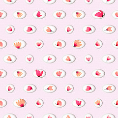 Seamless pattern with watercolor pink flowers in circles.