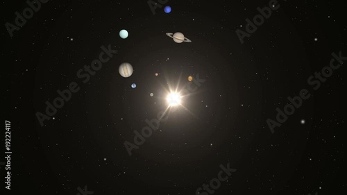 Solar System Planets Orbiting Around Bight Flare Sun With
