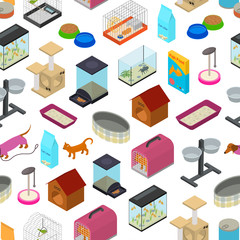 Accessories for Domestic Pets Seamless Pattern Background Care Animal Isometric View. Vector