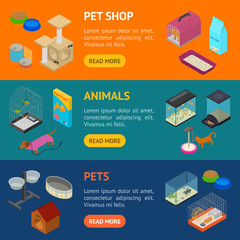 Accessories for Domestic Pets Banner Horizontal Set Care Animal Isometric View. Vector