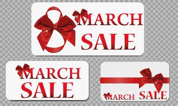Sale of discount banners, with a large beautiful bow, set for Happy Women's Day, on March 8th. Festive sale. International Mother's Day Day 8. Red Large bow with ribbon