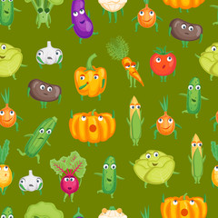 Cartoon Fresh Healthy Vegetables Characters Seamless Pattern Background. Vector
