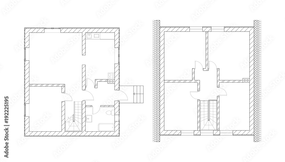 Wall mural black and white floor plans of a modern suburban house. vector interior design. architectural bluepr