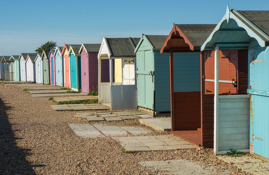 Beach huts at Ferring, West Sussex, England