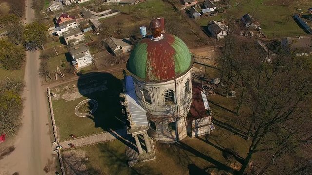 Wonderful Catholic church aerial view, Catholic church located in the village Pidgirci (Lviv region, Ukraine), aerial view of Old Catholic church