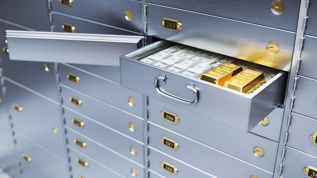 open bank safe door with dollars bills and gold inside 3d illustration