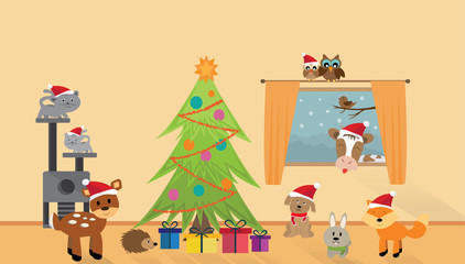 Many happy animals with Christmas tree