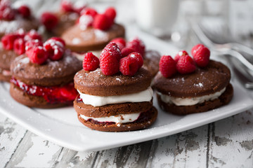 Whoopie Pies topped with Raspberries