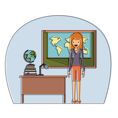female teacher in geography class with pile books vector illustration design
