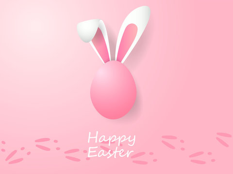 Happy Easter Pastel Egg With Bunny Ears And Tracks On Pink Background. Vector Illustration.