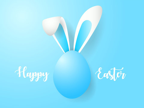 Happy easter pastel egg with bunny ears on blue background. Vector illustration.