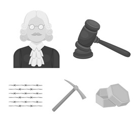 Judge, wooden hammer, barbed wire, pickaxe. Prison set collection icons in monochrome style vector symbol stock illustration web.
