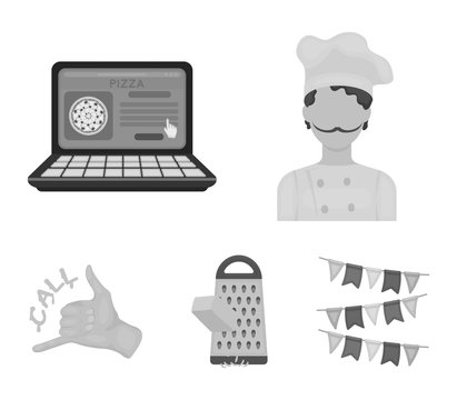 Cook, order by phone, grated cheese, ordering a face gesture.Pizza and pizzeria set collection icons in monochrome style vector symbol stock illustration web. - Powered by Adobe