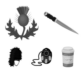 National Dirk Dagger, Thistle National Symbol, Sporran,glengarry.Scotland set collection icons in monochrome style vector symbol stock illustration web.