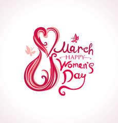 Red handwritten template. 8 March. Happy Women's Day. The eight is drawn by two hearts and curls. To the international womens day.