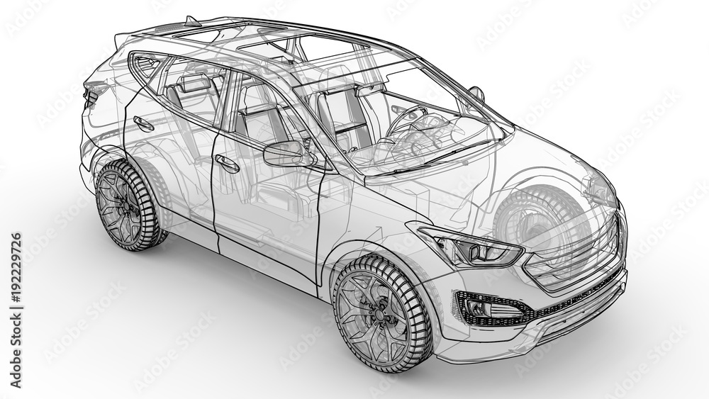 Poster Mid-size city crossover. An illustration on a white background, the car is outlined by lines and has a translucent body. 3d rendering.