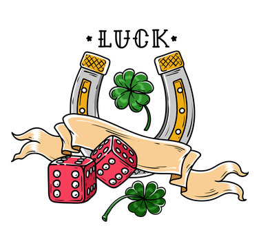 Tattoo horseshoe with dice, ribbon and shamrock clover. Good Luck tattoo. Symbol of luck in gambling and life.