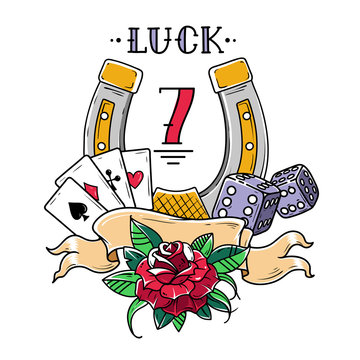 Naklejki Tattoo horseshoe with playing cards, dice, rose and fatal number 13. Good Luck tattoo. Symbol of luck in gambling
