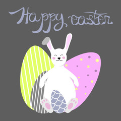 Easter bunny with eggs and text on dark background cartoon style vector illustration
