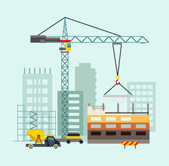 Building work process with houses and construction machines. Vector illustration