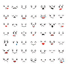 Set of cartoon kawaii faces, different emotions.