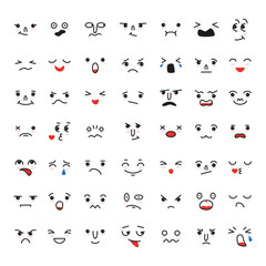 Set of cartoon kawaii faces, different emotions.