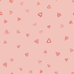chaotic vector pink doodle hearts seamless pattern - for Valentine's day