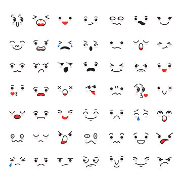 Set Of Cartoon Kawaii Faces, Different Emotions.