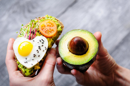 bruschetta with avocado microgrin, quail eggs and Adyghe cheese and mozzarella