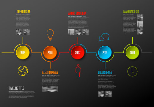 Timeline Infographic with Colorful Buttons and Business Icons