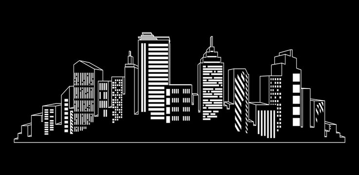 Vector black cities silhouette icon set on black. Night city lights